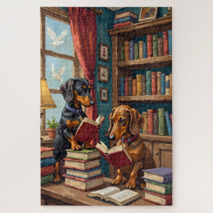 Lustiges Dachshund-Buchladen-Lesender-Hundefan-Kun Puzzle