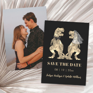 Lustiges Dinosaurier Braut und Bräutigam Foto Hoch Save The Date