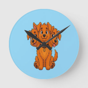 Lustiges Dreikopf-Cartoon-Hund-Grafik-T-Shirt für Runde Wanduhr
