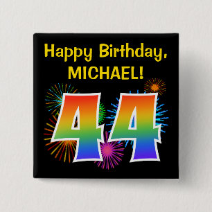 Lustiges Feuerwerk + Regenbogen-Muster "44" Geburt Button
