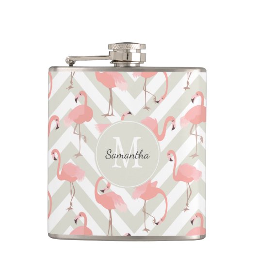 Lustiges Flamingo-Muster mit Monogramm Flachmann (Vorderseite)