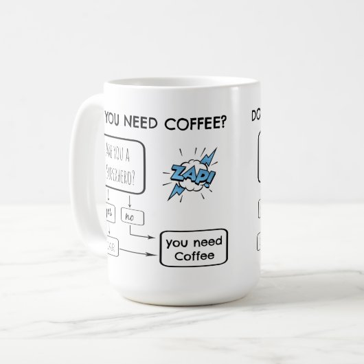 Lustiges Flussdiagramm, benötigen Sie Kaffee? Kaffeetasse (Vorderseite Links)