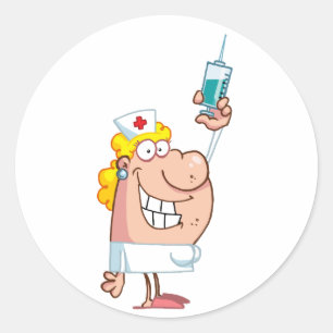 Lustiges Foto einer Krankenschwester mit Spritze Runder Aufkleber