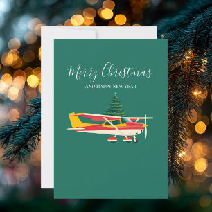Lustiges Foto von Vintage-Flugzeug und Weihnachtsb Feiertagskarte