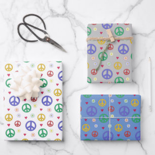 Lustiges Friedenszeichen, Blumen und Herzen Geschenkpapier Set
