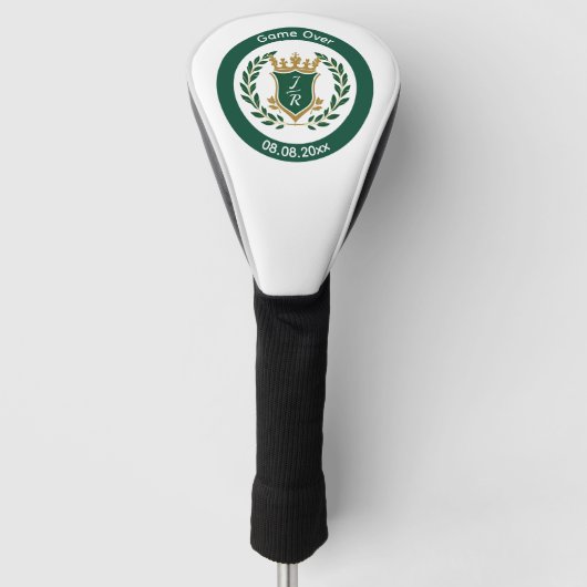 Lustiges "Game Over" Hochzeits-Monogramm-Wappen Kl Golf Headcover (Vorderseite)