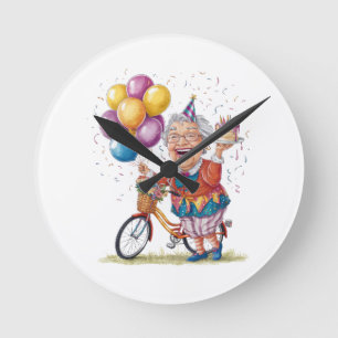 Lustiges Geburtstagsgeschenk für Oma beim Fahrradf Runde Wanduhr