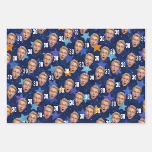 Lustiges Gesicht Personalisiertes Foto Blau Party Geschenkpapier Set