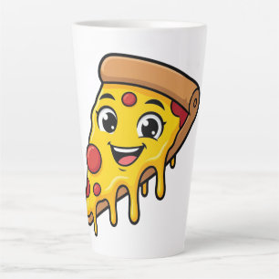 Lustiges glückliches Pizzastück mit dehnbarem Käse Milchtasse