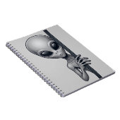 Lustiges graues Alien, das hinter UFO-Raum-Design Notizblock (Rechte Seite)