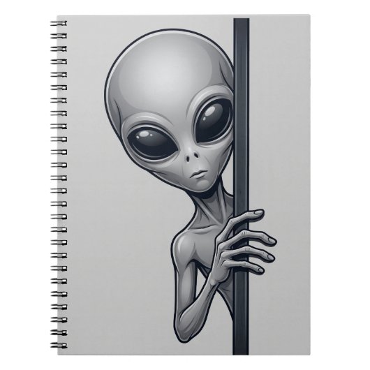 Lustiges graues Alien, das hinter UFO-Raum-Design Notizblock (Vorderseite)