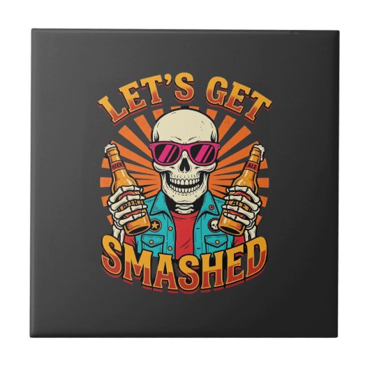 Lustiges Halloween-Skelett-Bier-Zerstörtes-Design_ Fliese (Vorderseite)