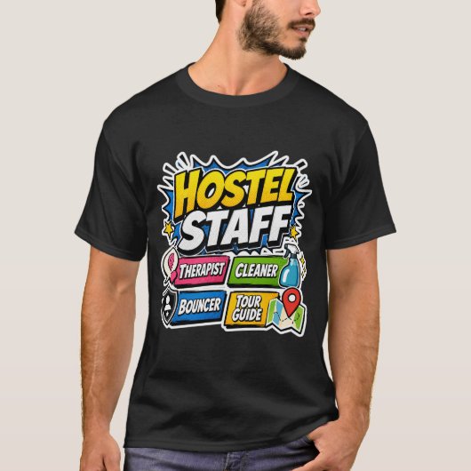 Lustiges Hostel-Mitarbeiter T-Shirt (Vorderseite)
