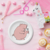 Lustiges hungriges Schwein hält Gabel und Messer Pappteller (Party)