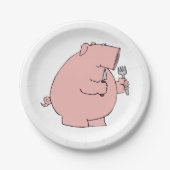 Lustiges hungriges Schwein hält Gabel und Messer Pappteller (Vorderseite)