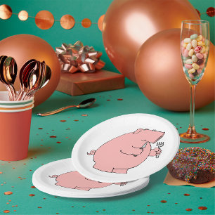 Lustiges hungriges Schwein hält Gabel und Messer Pappteller