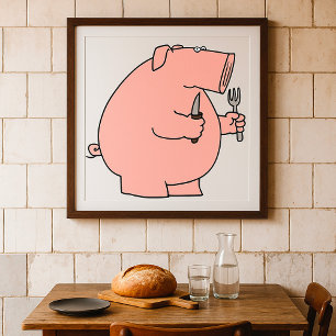 Lustiges hungriges Schwein hält Gabel und Messer Poster