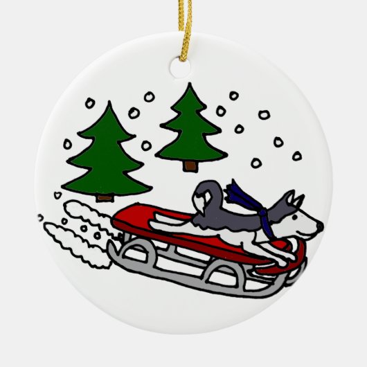 Lustiges Husky-Hundereiten auf Schlitten Keramikornament (Vorne)
