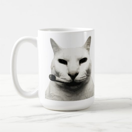 Lustiges Katzen-Meme rauchende Katze Zigarette Kaffeetasse (Links)