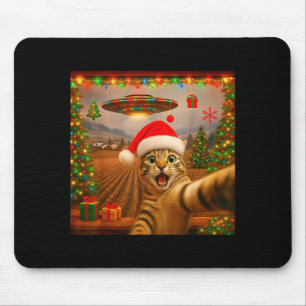 Lustiges Katzen-Selfie mit Alien-Ufo-Weihnachtslic Mousepad