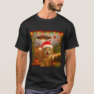 Lustiges Katzen-Selfie mit Alien-Ufo-Weihnachtslic T-Shirt
