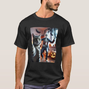 Lustiges Katzen-Selfie mit Skelett Grusel Hallowee T-Shirt