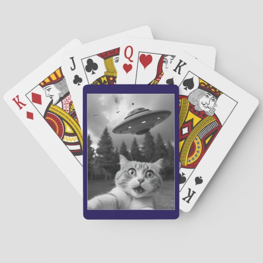 Lustiges Katzen-Selfie mit UFO-Alien-Drohnen Spielkarten (Rückseite)