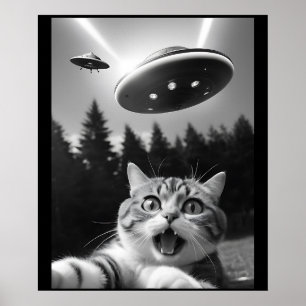Lustiges Katzen-Selfie mit UFO-Alien Poster