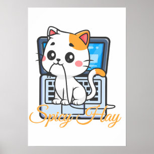 Lustiges Katzenbild mit würzigem Heu, das Kabel be Poster