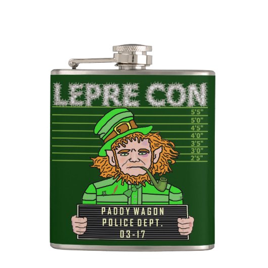 Lustiges Kobold Leprecon Mugshot-St. Patricks Flachmann (Vorderseite)