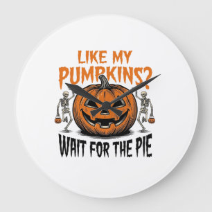 Lustiges Kürbisskelett Halloween Pie Shirt_1 Große Wanduhr