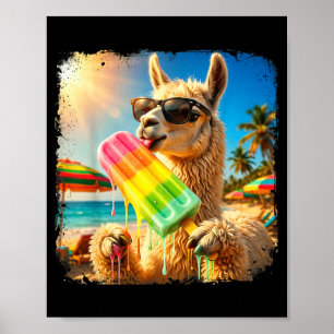 Lustiges Lama, das Eis am Sommerstrand isst Poster