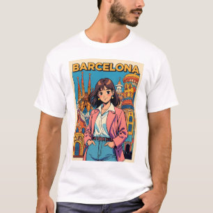 Lustiges Mädchen Vintage-Postkarte Barcelona T-Shirt