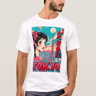 Lustiges Mädchen Vintage-Postkarte Tokio T-Shirt