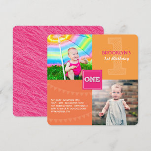 Lustiges modernes Quadrat ONE Foto Baby Mädchen 1. Einladung