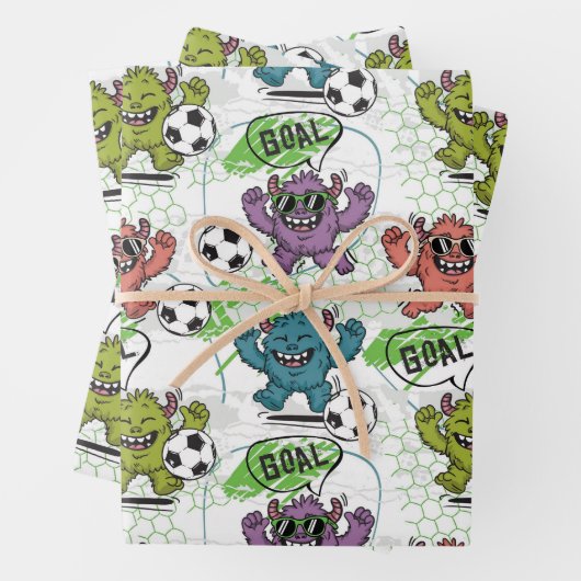 Lustiges Monster-Fußball-Kinder-Muster Geschenkpapier Set (Beispiel)