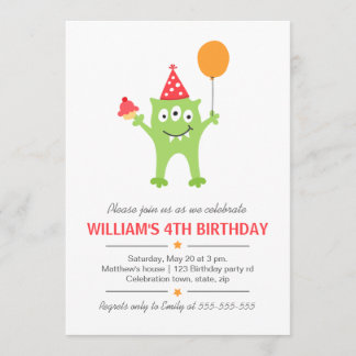 Lustiges Monster mit Ballon- und Kuchengeburtstag Einladung