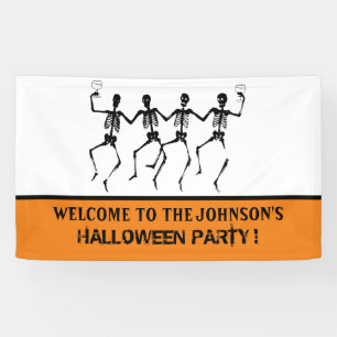 Lustiges orange-schwarzes tanzendes Skelett Hallow Banner