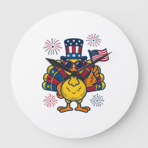 Lustiges Patriotisches Truthahn Feuerwerk Vintage- Große Wanduhr
