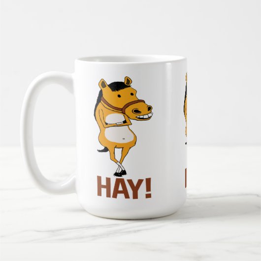 Lustiges Pferd vorbei fallen gelassen, um Heu zu Kaffeetasse (Links)