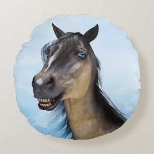 Lustiges Pferdelächeln-Porträt-Kunst Rundes Kissen