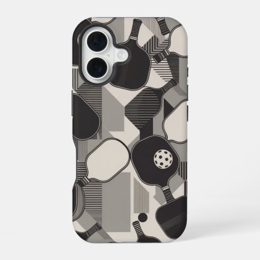 Lustiges Pickleball-Graustufen-Paddle-Muster iPhone 16 Hülle (Rückseite)