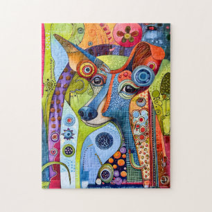 Lustiges Pop-Art-Hundeporträt mit hellen Farben. Puzzle