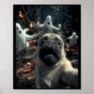 Lustiges Pug-Selfie mit Geistern im verlassenen Wa Poster