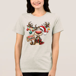 Lustiges Rentier Frohe Weihnachten Schild Ornament Tri-Blend Shirt