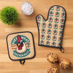 Lustiges Retro-Hühnchen-Po-Witz-Design Ofenhandschuh & Topflappen-Set