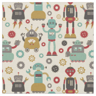 Lustiges Retro-Roboter-Illustrationsmuster (Creme) Stoff