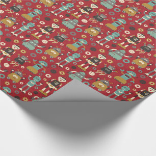 Lustiges Retro-Roboter-Illustrationsmuster (Rot) Geschenkpapier