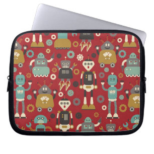 Lustiges Retro-Roboter-Illustrationsmuster (Rot) Laptopschutzhülle