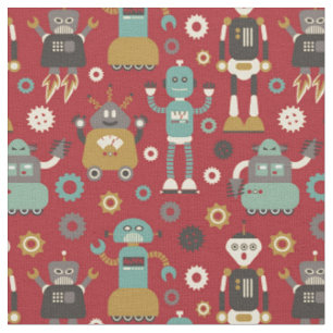 Lustiges Retro-Roboter-Illustrationsmuster (Rot) Stoff